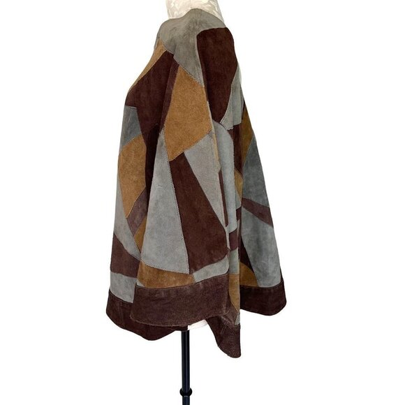 Vintage Handmade Suede Patchwork Poncho Womens One Size Pullover Slit Pockets - Picture 3 of 12